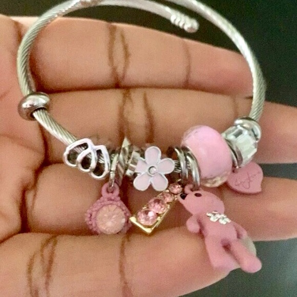 🧸🎀 Stainless Steel Pink Rhinestone & Teddy Bear Adjustable Bracelet NWT - Picture 5 of 8